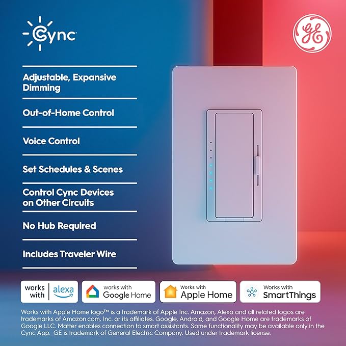 GE Cync Paddle Dimmer Smart Switch, Highly Customizable Dimmer Switch, Works with Alexa and Google Home, Matter Compatible, Easy to Install Smart Light Switch (1 Pack)
