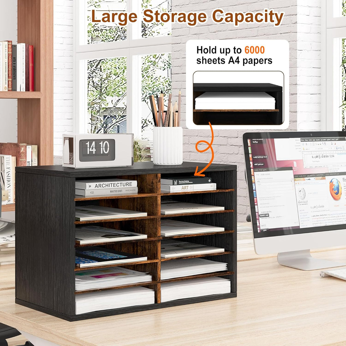 Mail Organizer Countertop, 12 Slots Wooden Desk File Literature Sorter, Adjustable Paper Storage Shelves Document Holder, Space Saving Desktop Mailbox for Office Classroom, Black/Rustic Brown