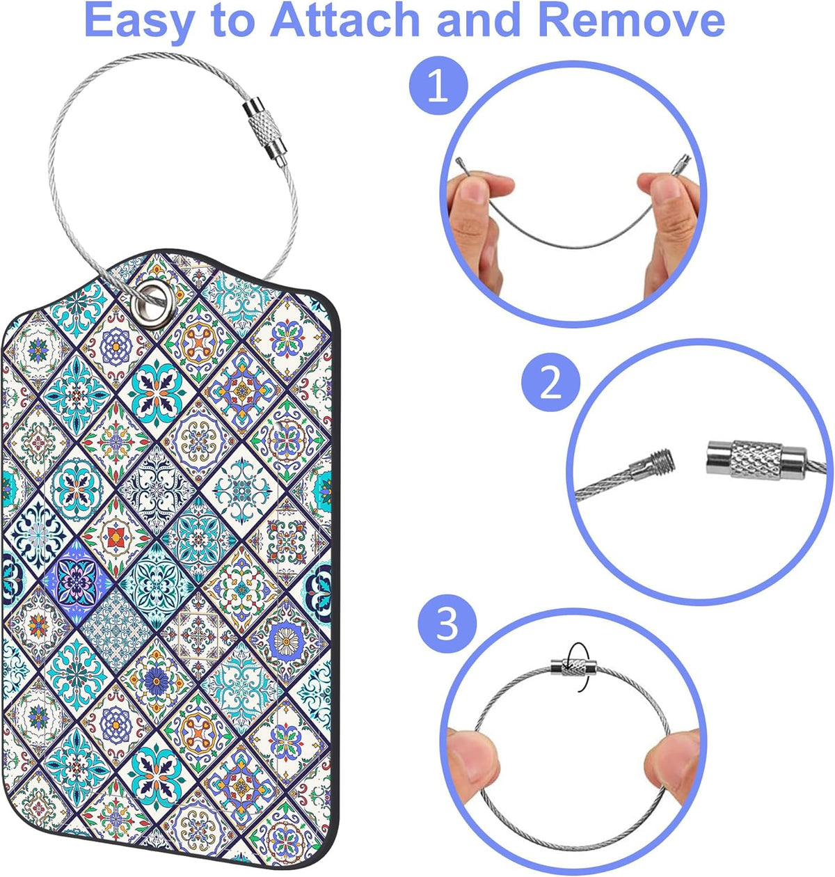 2 Pack Luggage Tags Colorful Moroccan Portuguese Tiles PU Leather Baggage Tag with Privacy Cover Stainless Steel Loop and Name ID Card for Men Women Travel Bag Luggage Accessories