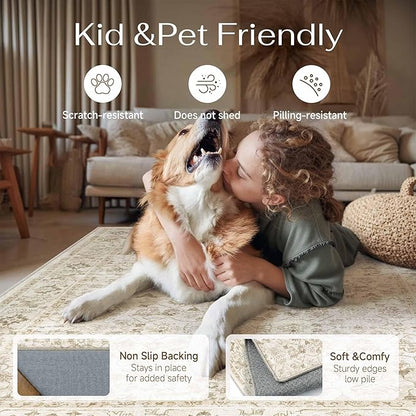 3x5 Beige Washable Neutral Area Rug for Living Room Soft Floral Non Slip Throw Rug Modern Low Pile Stain Resistance Doormat Distressed Carpet Entrance Laundry Room Bedroom Office