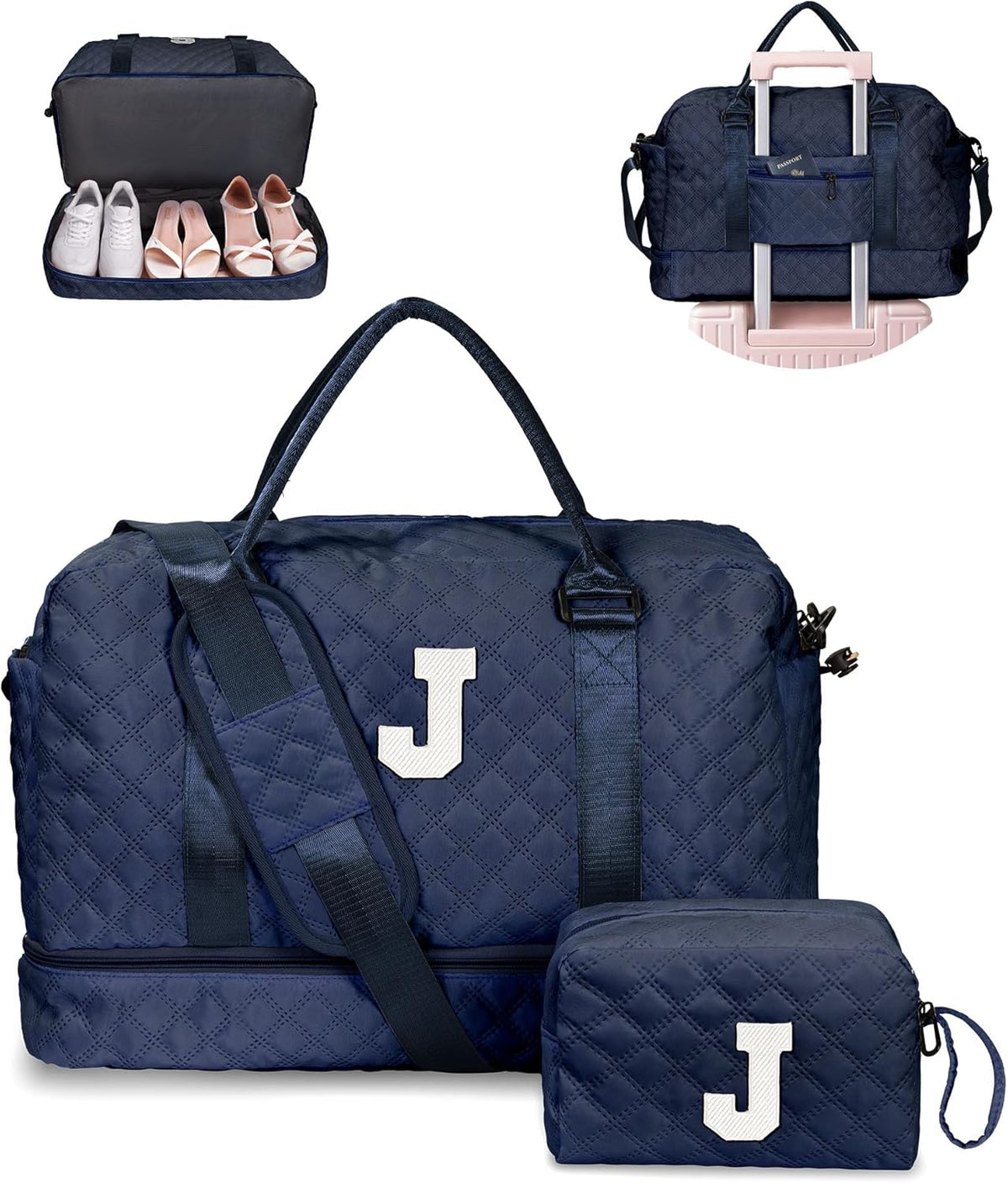 Gifts for 7 8 9 10 11 12 13 14 15 16 Year Old Girls-Initial Duffle Bag with Shoe Compartment, Personalized Weekender Bag, Overnight Bags for Women, Travel Bag with Makeup Bag (Letter J)