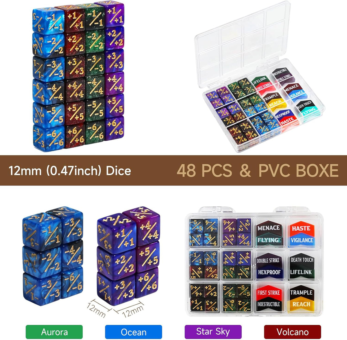 48PCS MTG Tokens & 12mm Dice Counter for Magic The Gatering, MTG Abilities Keyword Buff Tokens Life Counters 6 Sided Dice, Compatible with TCG Card Gaming Accessories CCG Creature Stats