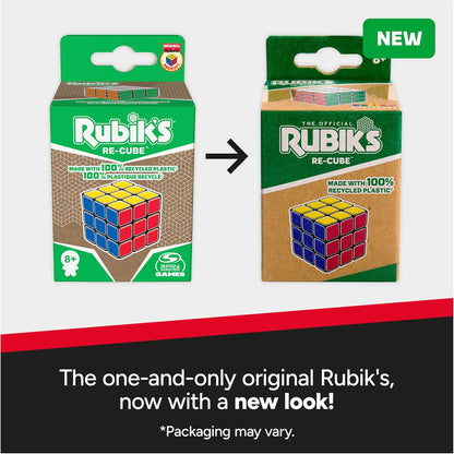 Rubik's Re-Cube 3x3 Cube Made with 100% Recycled Plastic, Color-Matching Puzzle for Ages 8 & Up