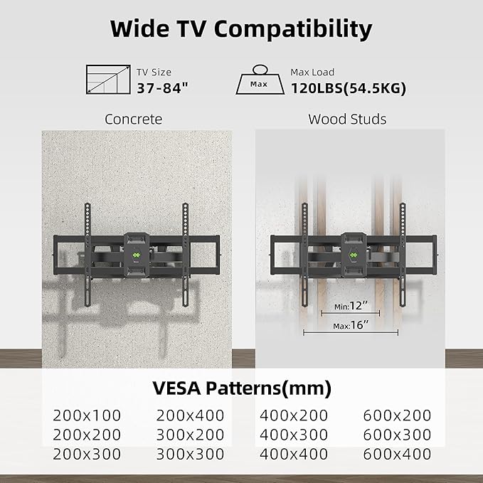 Full Motion TV Wall Mount for Most 37"-84" Flat Screen TV, Swivel or Tilt TV