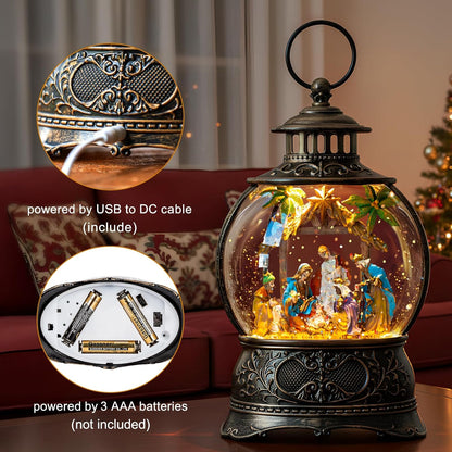Christmas Snow Globes Lantern Christmas Snow Globe with Music Holy Family Nativity Scene,6H Timer,USB Lined/Battery Operated Lighted Lantern for Christmas Festival Decoration Gifts