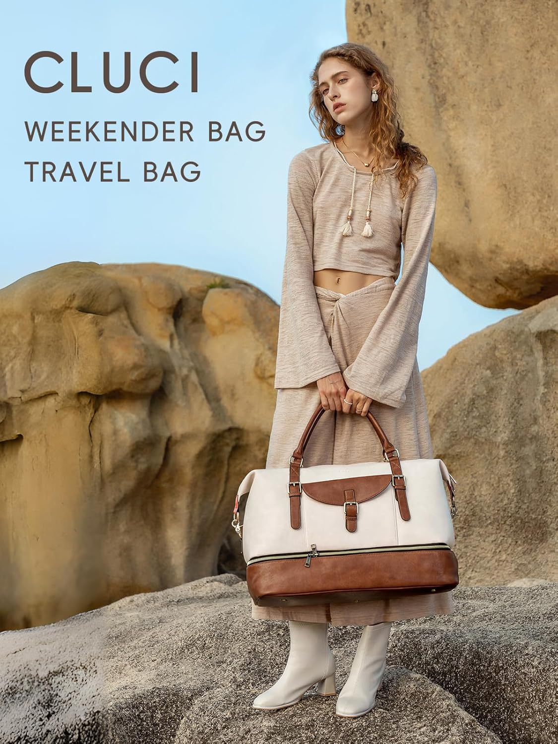CLUCI Weekender Bag for Women Leather Large Overnight Travel Duffel Bag with Shoe Compartment Beige with Brown