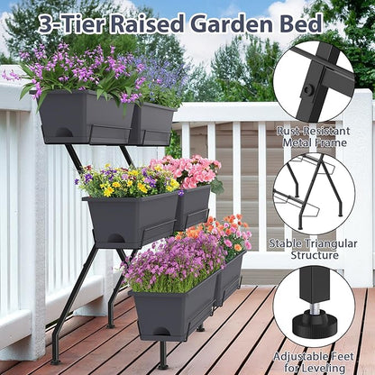 Sunexinlo 3-Tier Vertical Garden Planter with 6 Boxes, 31" Tall Raised Garden Bed with Adjustable Feet for Herbs, Flowers, Vegetables, Ideal for Indoor, Outdoor, Patio, Balcony, Deck Use, Gray
