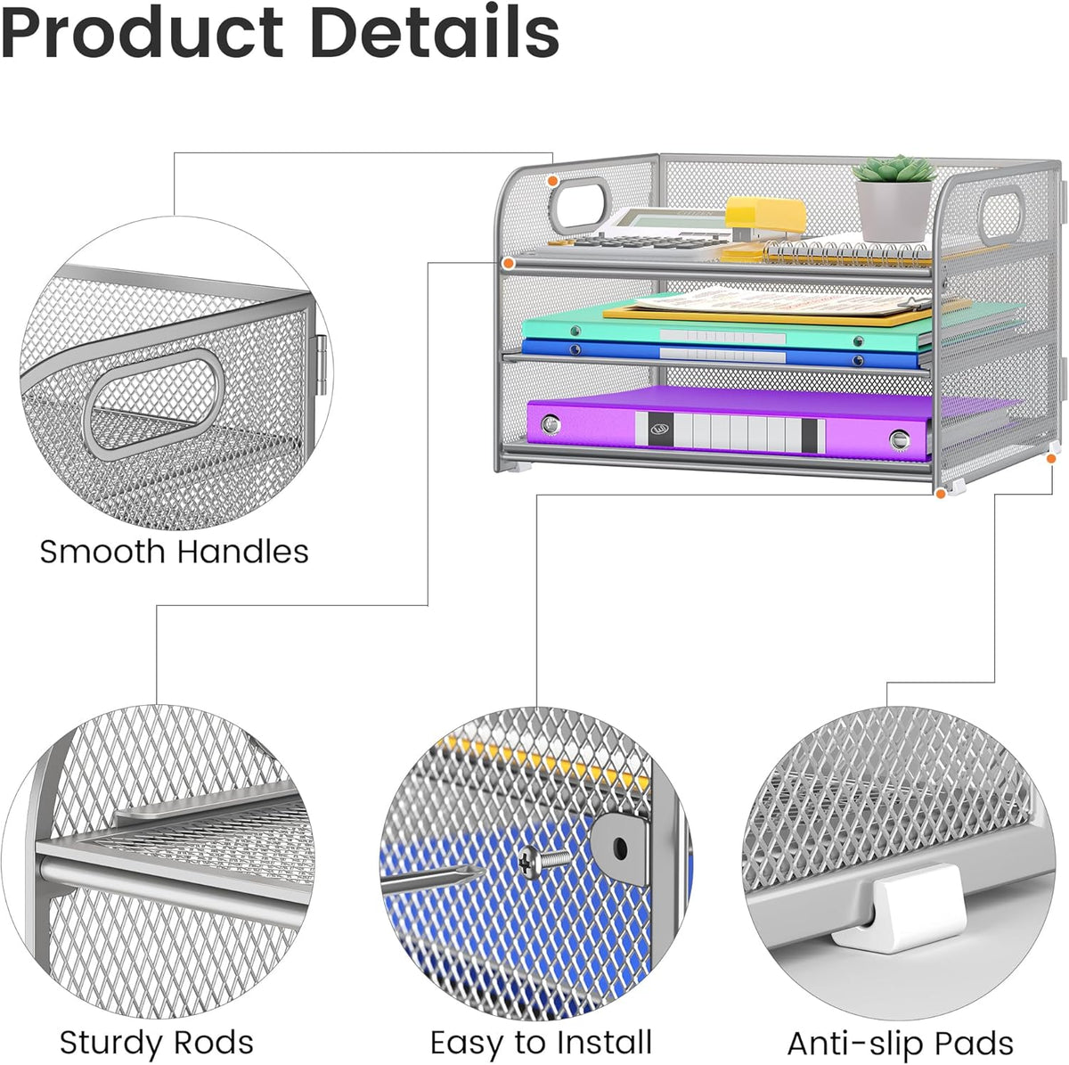3 Tier Paper Organizer with Handle, Metal Desk Organizer Mesh Paper Letter Tray Desktop File Folder Document Sorter for Classroom, School, Office Accessories Organization and Storage - Silver