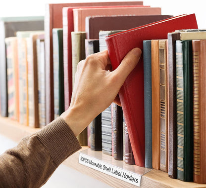 Tinlade 50 Pcs Clear Moveable Shelf Label Holders with 50 Insert, Clear Bookshelves Tags Plastic Transparent Library Shelf Markers Holders for Library Office Store 5.1 x 7.9 x 0.75 Inches