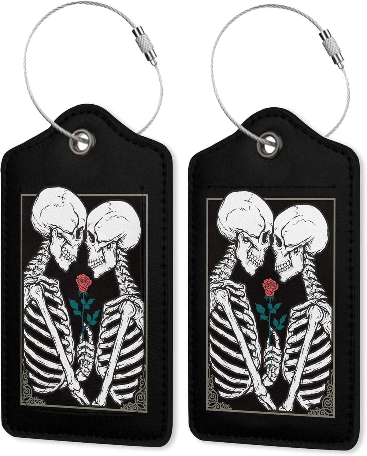 Luggage Tag for Suitcase,Gothic Skull Lovers Rose Unique Travel Tags with Privacy Cover ID Label & Stainless Steel Loop for Men Women