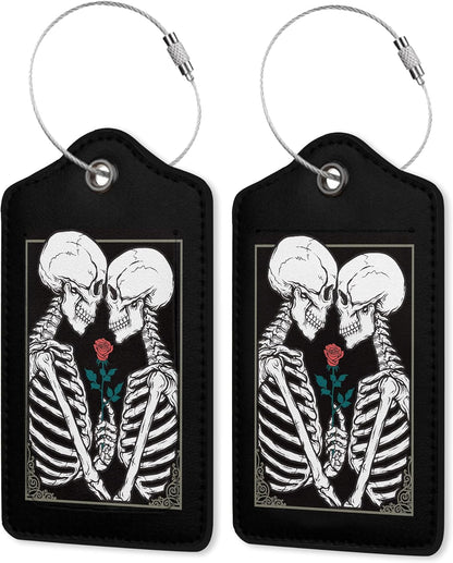 Luggage Tag for Suitcase,Gothic Skull Lovers Rose Unique Travel Tags with Privacy Cover ID Label & Stainless Steel Loop for Men Women