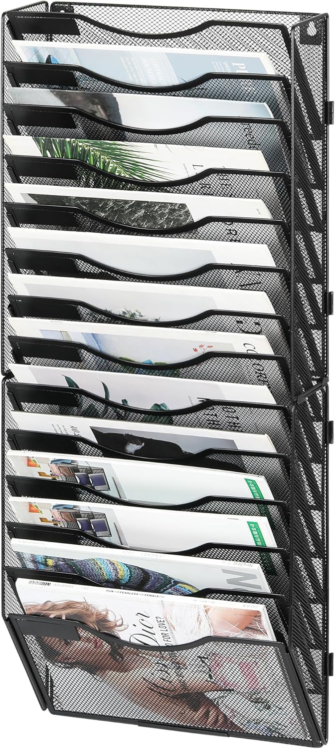 14-Pocket Wall File Organizer, Hanging Mail Organizer Wall Mounted Paper Document Holder, Metal Clipboard Storage Basket for Office Home School Organization, Black