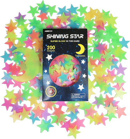 Glow in The Dark Stars and Moon Stickers for Ceiling - 200pcs 3D Luminous Adhesive Stars Create Realistic Starry Sky - Room Decor for Kids Bedroom, Wall Stickers