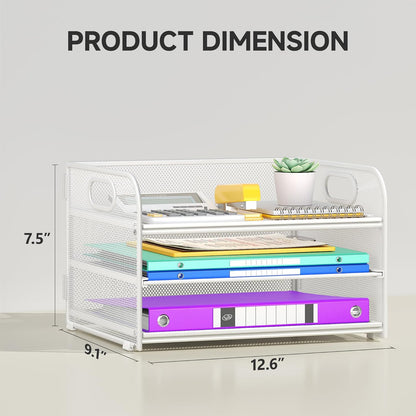 3 Tier Paper Organizer with Handle, Metal Desk Organizer Mesh Paper Letter Tray Desktop File Folder Document Sorter for Classroom, School, Office Accessories Organization and Storage - White
