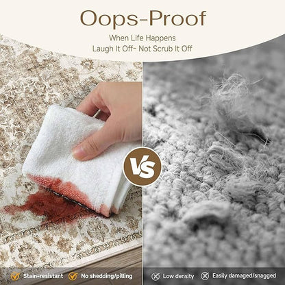 10x14 Neutral Area Rug Brown Vintage Living Room Bedroom Washable Carpet Non-Slip Soft Low Pile Farmhouse Indoor Large Throw Rug for Dining Room Office