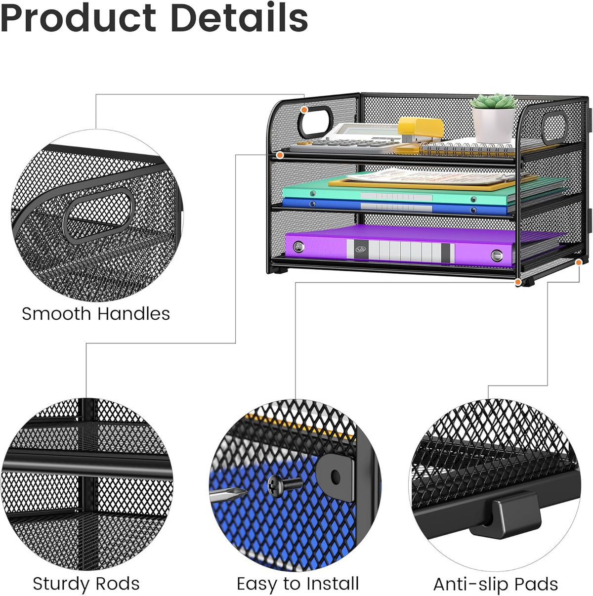 3 Tier Paper Organizer with Handle, Metal Desk Organizer Mesh Paper Letter Tray Desktop File Folder Document Sorter for Classroom, School, Office Accessories Organization and Storage - Black