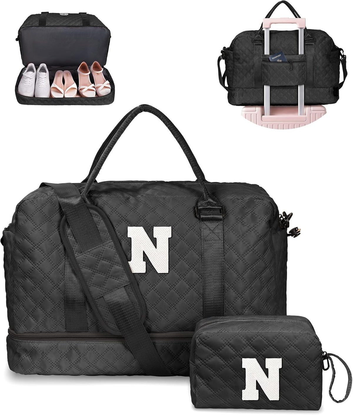 Navy Duffel Bag - Personalized Initial, Weekender, Overnight, Travel Bag with Shoe Compartment & Makeup Bag, Size 12x7x2 inches