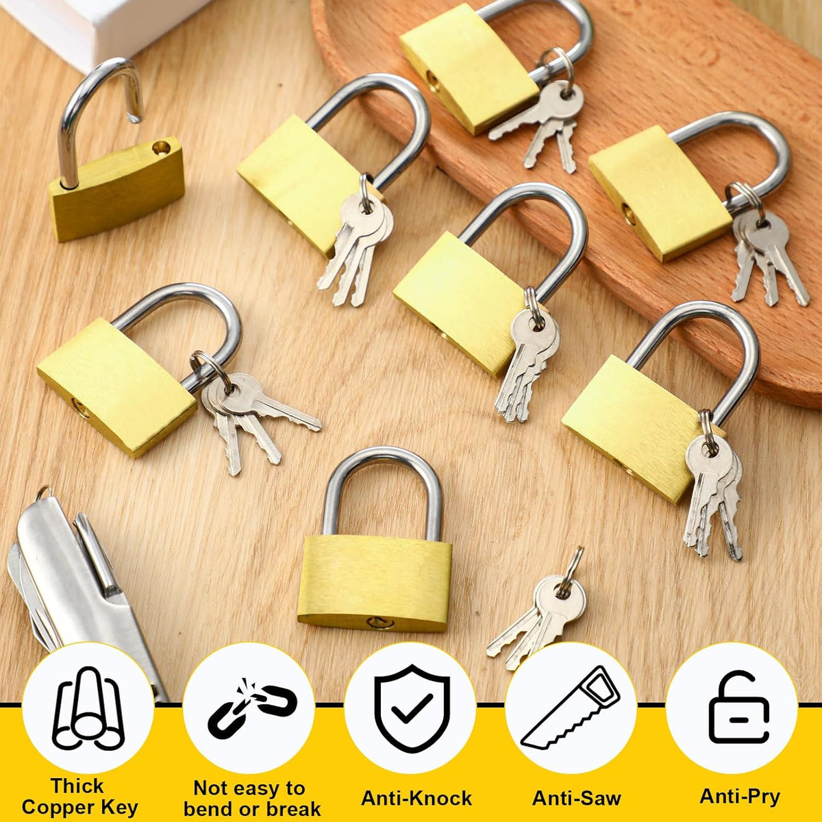 18 Pcs Solid Brass Keyed Padlock, Small Yellow Gym Lock, Strong Padlock with Same Key for Luggage Toolbox (40mm 1-9/16")