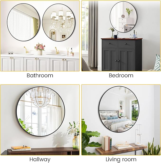 24 Inch Black Round Wall Mirror, Modern Metal Frame for Bathroom, Living Room, Bedroom Decor