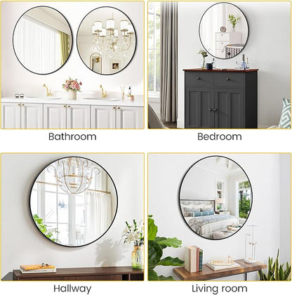 24 Inch Black Round Wall Mirror, Modern Metal Frame for Bathroom, Living Room, Bedroom Decor