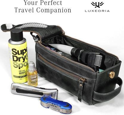 LUXEORIA Genuine Leather Toiletry Bags for Men and Women, Handmade Premium Leather Dopp Kit and Shaving Bag, Cosmetic Bag for Womens and Mens, Travel Essentials & Organizers