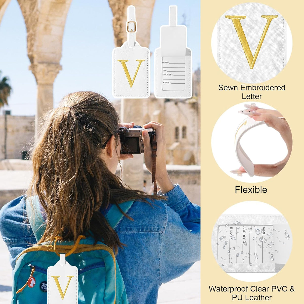 Unique Initial Letter Luggage Tags for Suitcases, Monogrammed Suitcase Luggage Identifier Tag,PU Leather TSA Approved Luggage Tags,Bag Tags for Men Women Kids Luggage Baggage(White V)
