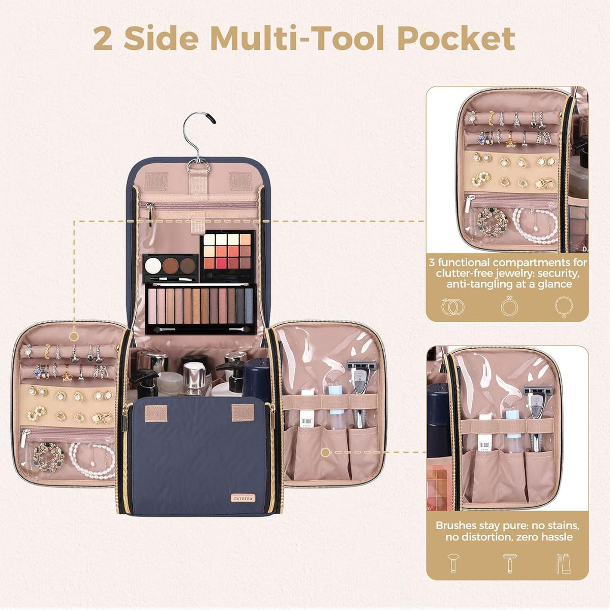 Hanging Toiletry Bag & Makeup Bag for Women with Jewelry Organizer - TSA Approved Large Capacity Travel Cosmetic Organizer, Waterproof Shower Essentials Case with Transparent Pockets