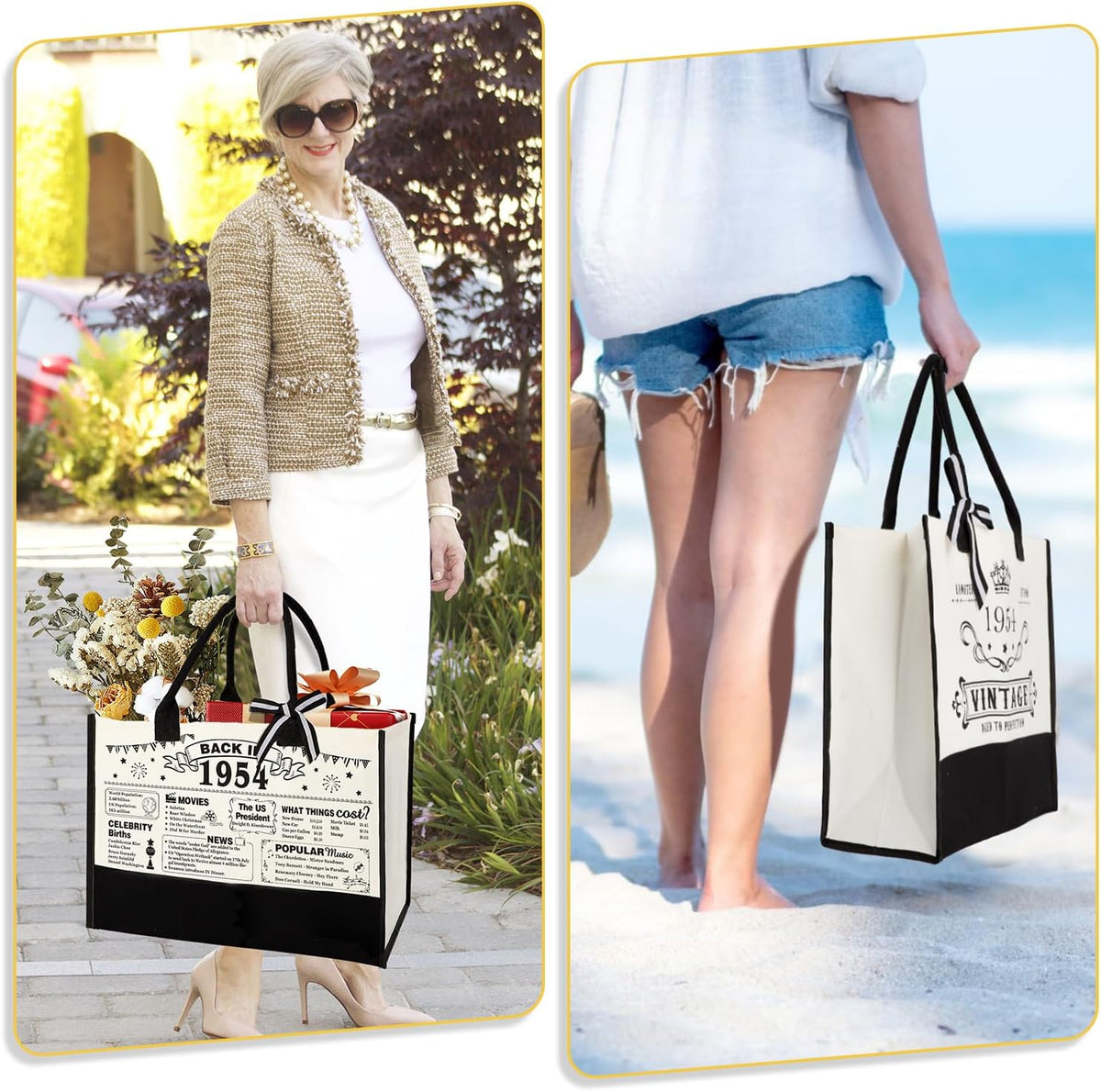 YeohJoy 71st Birthday Gifts for Her Canvas Tote Bag Travel Gear, Unique 71 Years Old Birthday Gifts for Girlfriend Sister Friends Women, Vintage 1954 Handbag & Cosmetic Bag & Back in 1954 Poster