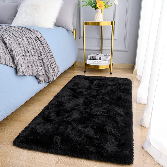 Amearea Shag Fluffy Small Rug, 2x4 Feet Throw Rugs for Bedroom Girls Living Room, Extra Soft and Fuzzy Shaggy Carpet, Non Slip, Solid Color Nursery Home Floor Decor Carpets, Black
