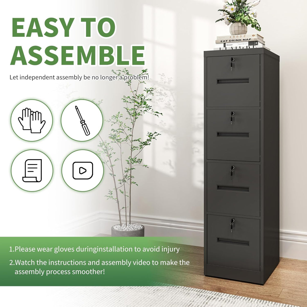 File Cabinet 4 Drawer with Lock, Vertical Filing Cabinets for Home Office, Metal Steel Storage Cabinet for Letter/Legal Size File, Assembly Required(Black)