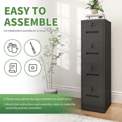 File Cabinet 4 Drawer with Lock, Vertical Filing Cabinets for Home Office, Metal Steel Storage Cabinet for Letter/Legal Size File, Assembly Required(Black)