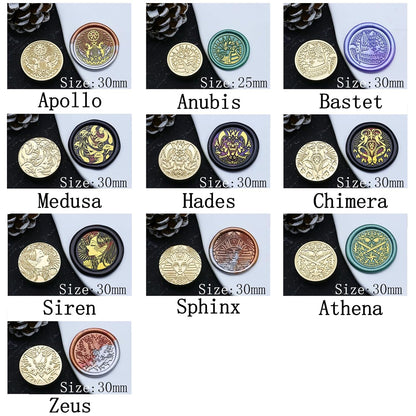 10PCS Mythical Wax Seal Set - Retro Brass Sealed Stamp, Removable Sealing Wax Stamp with 2 Handle (Thor,Anubis,Bastet,Medusa,Hades,Chimera,Siren,Sphinx,Athena,Apollo)