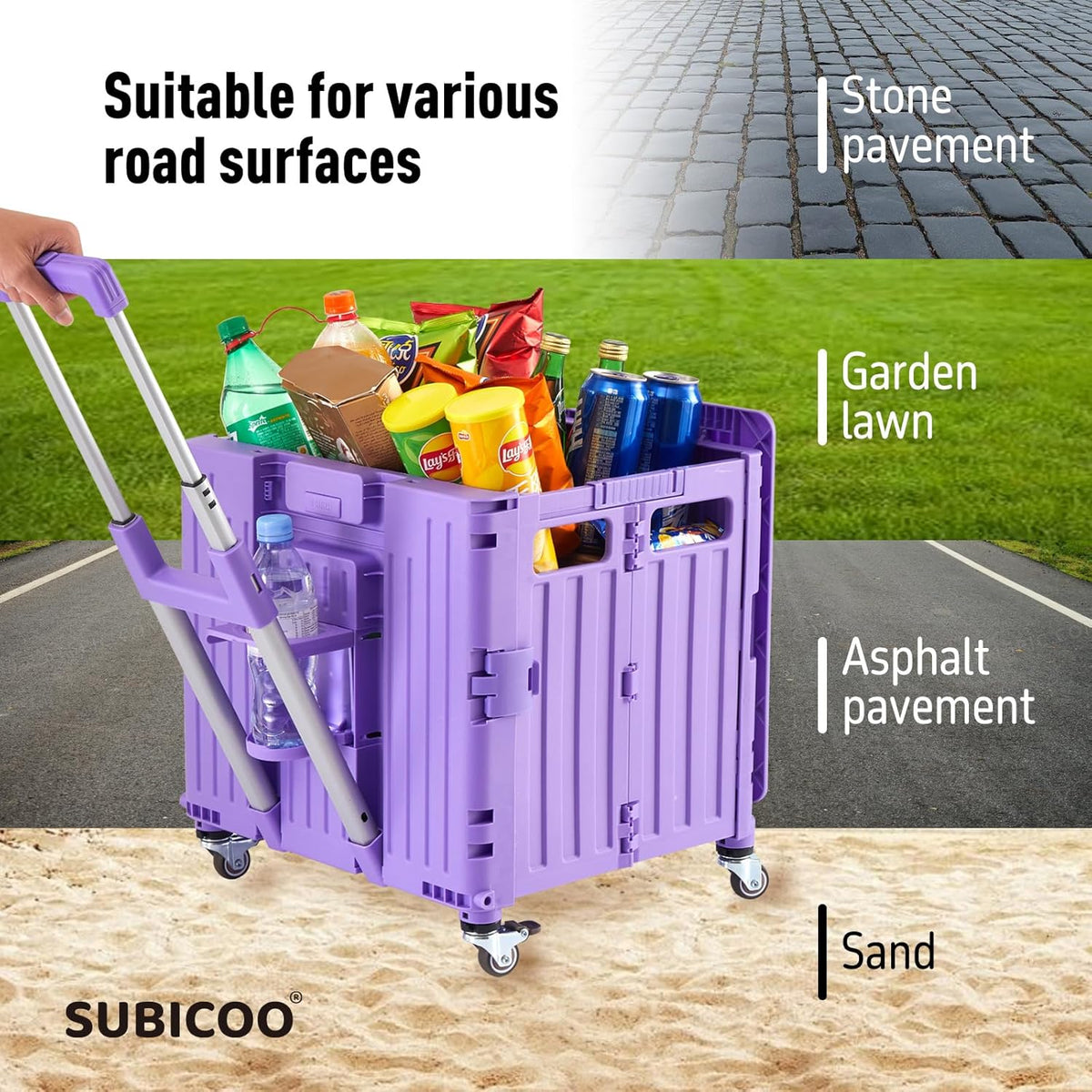 Folding Utility Cart Portable Rolling Crate Handcart Shopping Trolley Collapsible Tool Box, with Lid, Basket on 4 Rotate Wheels, for Grocery, Shopping, Office, Storage, Teacher (Purple)