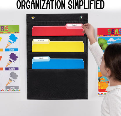 Essex Wares - 3 Pocket File Pocket Chart, Black, 14" Wide x 19.5" Tall - Versatile Wall Hanging File Folder Organizer for Classroom, Office, Home, and More - Wall Folder Organizer - 3 Pockets