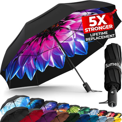 TUMELLA Strongest Windproof Travel Umbrella (Compact, Superior & Beautiful), Small Strong but Light Portable and Automatic Folding Rain Umbrella, Durable Premium Grip, Fits Car & Backpack