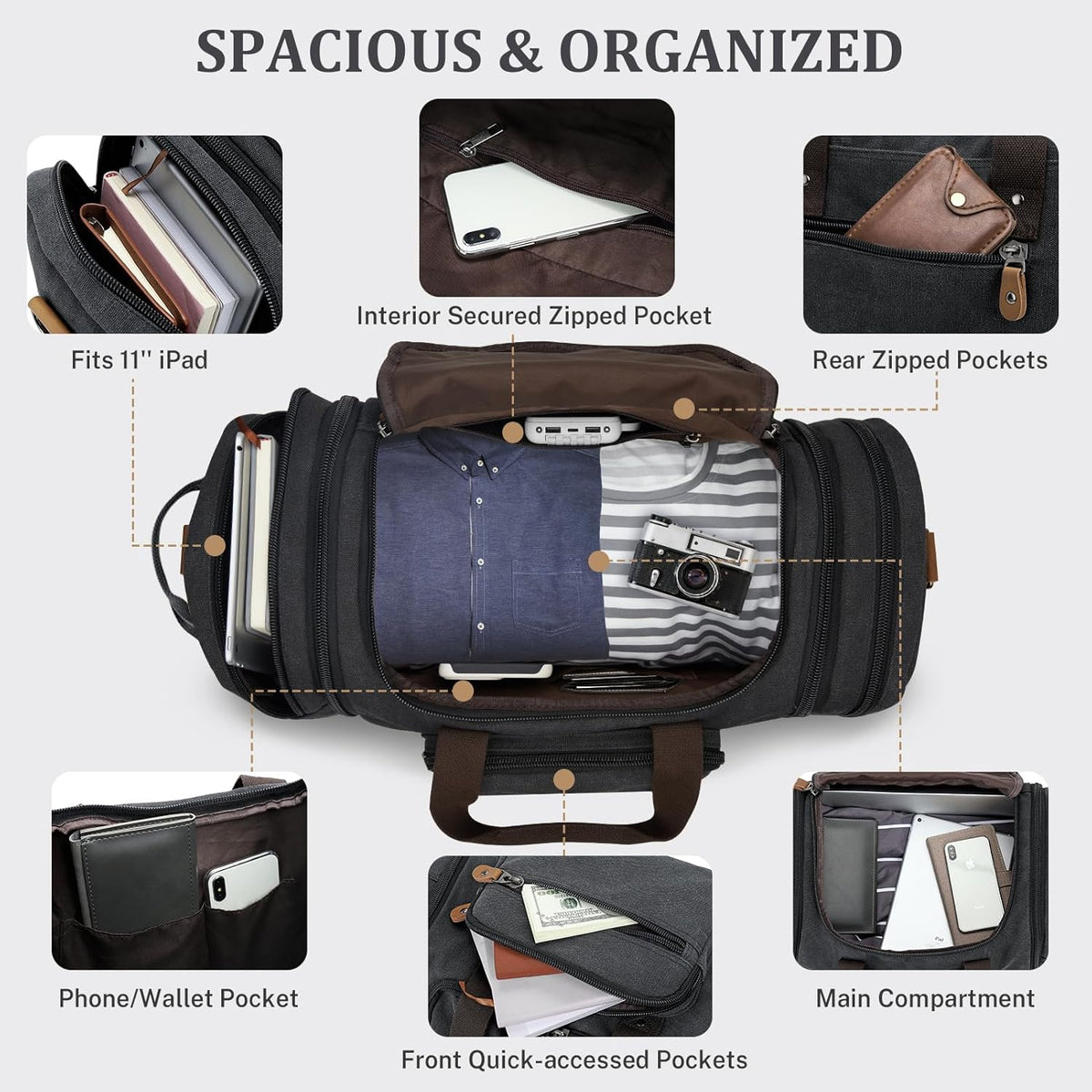 Gonex Canvas Duffle Bag 60L Travel Duffel Overnight Weekend Bag with Shoe Compartment (Dark Gray)