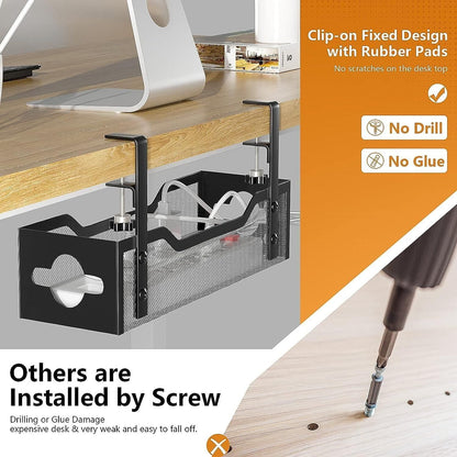 Under Desk Cable Management Tray 15.95", Quszmd Cable Organizer No Drill, Standing Cord Organizer and Wire Management Tray - No Damage to Desk, Black