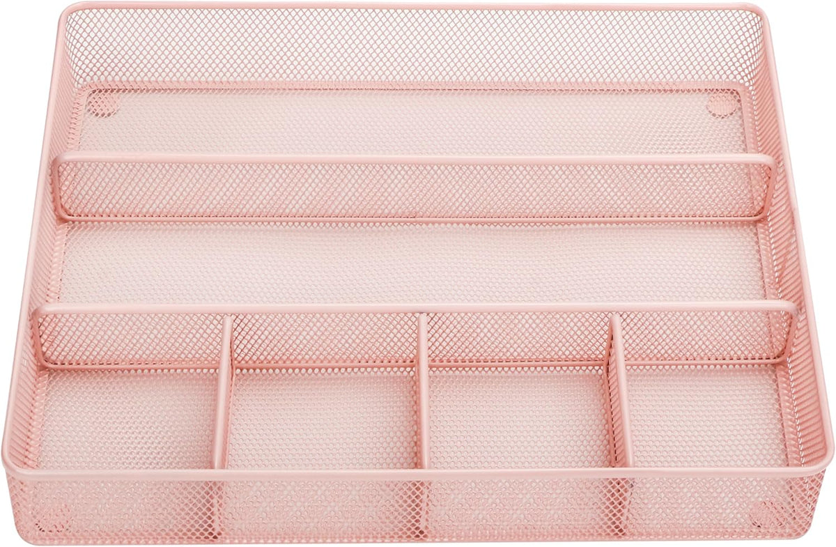 Annova Desk Top Organizer Tray for Office Organization - Metal Mesh - Storage Tray with Dividers for Pens, Desktop Accessories, Bathroom, Kitchen, Makeup and Office Supplies (Large, Light Pink)