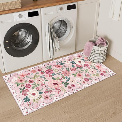 DUKINO 2x4 Rug for Entryway, Washable Kitchen Floral Runner Rug with Non Slip Backing, Low Pile Soft Boho Carpet for Kitchen, Hallway, Entryway, Laundry, Bedroom, Pink