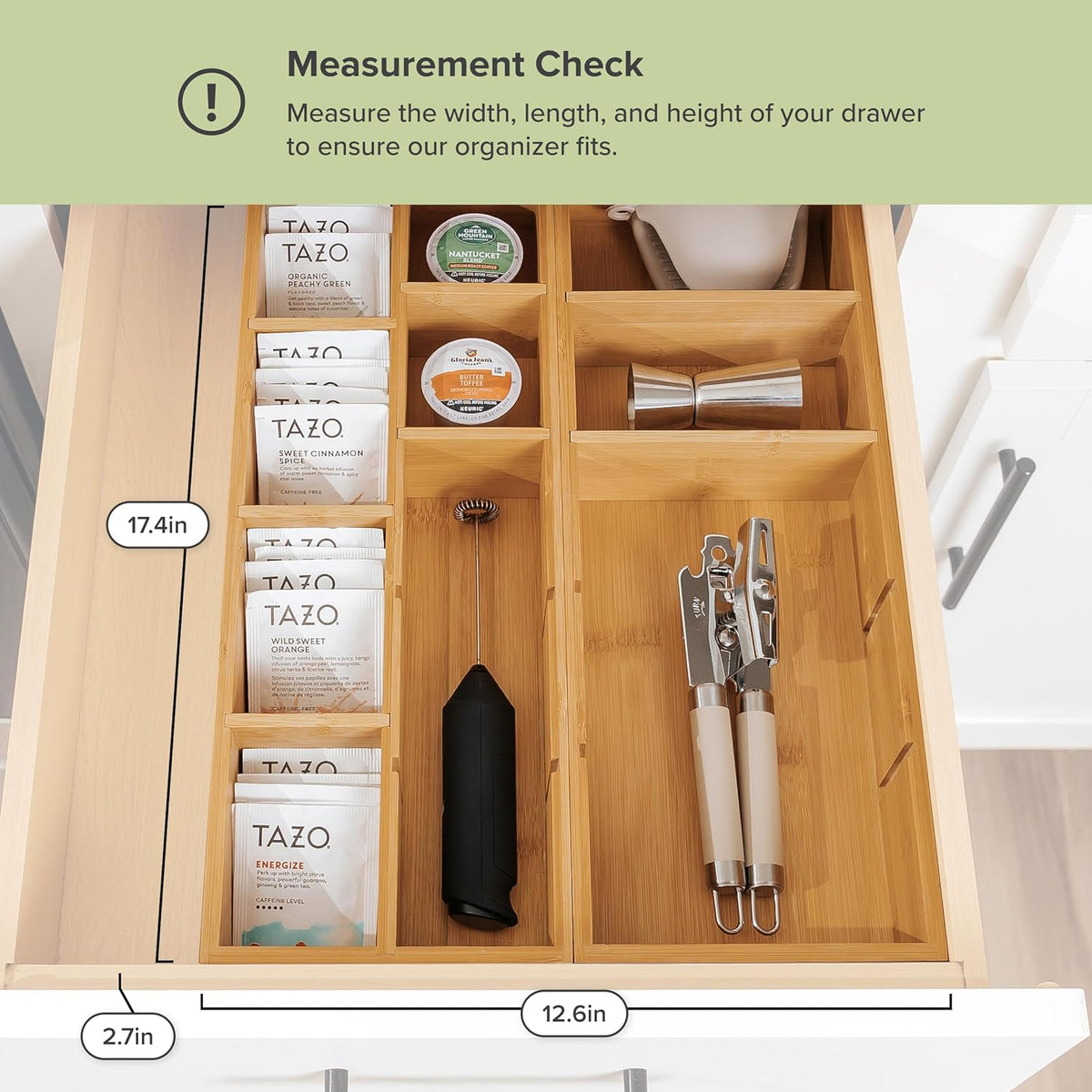 Premium Utensils and Tea Bag Drawer Organizers – 14-Compartment Design with Removable Dividers, Non-Slip Feet, 100% Sustainable Bamboo, 2 Pack