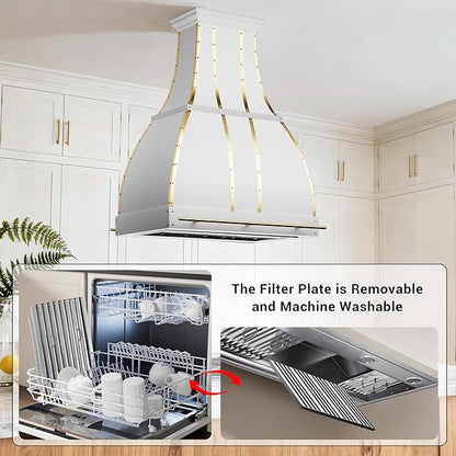 CHETTO C Stainless Steel Range Hood Cover with 4-Speed Vent Hood Insert Custom Handcrafted Metal Kitchen Fan with Towel Rack LED Light 30"W x27"D x33"H White Island Mount