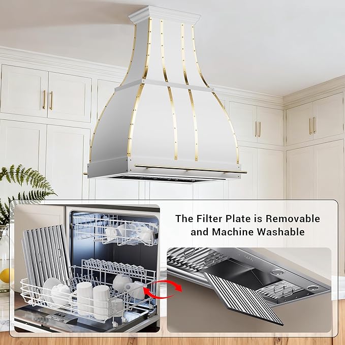 CHETTO C Stainless Steel Range Hood Cover with 4-Speed Vent Hood Insert Custom Handcrafted Metal Kitchen Fan with Towel Rack LED Light 48"W x27"D x27"H White Island Mount