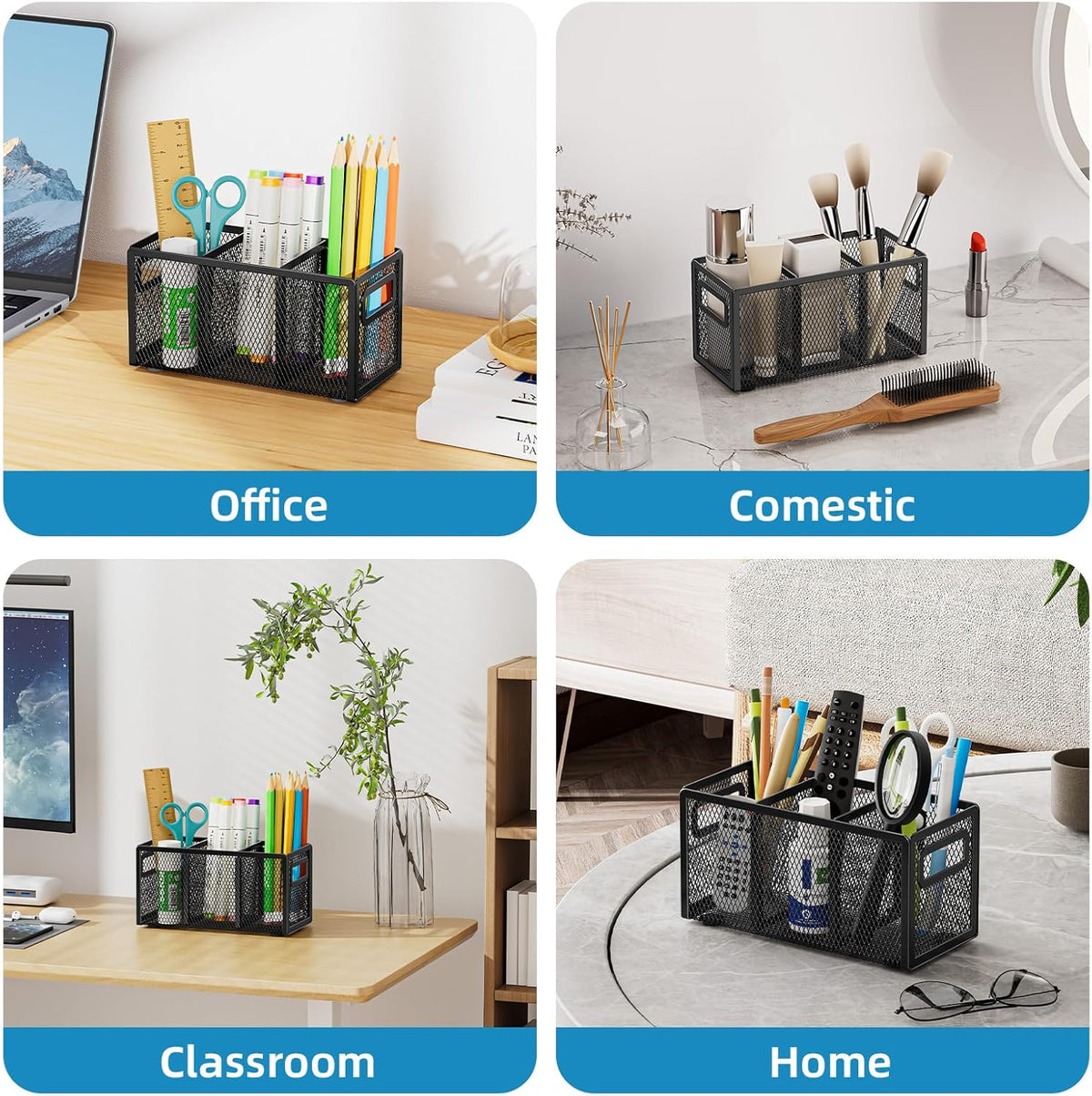 Marbrasse Mesh Pen Holder for Desk,Pencil Holder Desk Organizer 3 Adjustable Compartments,Pencil Cup with Handle Perfect for Classroom, Office, Home,Makeup,Art (Black)