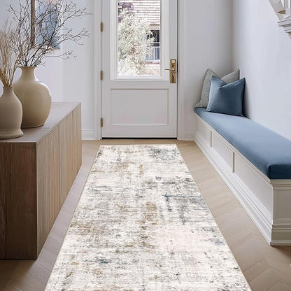 FMFUNCTEX 2x6 Runner Rug Washable Brown Blue Neutral Modern Abstract Entryway Non Slip Low Pile Soft Accent Hallway Indoor Carpet for Kitchen Living Room Bedroom Bathroom Laundry Entrance Bedside