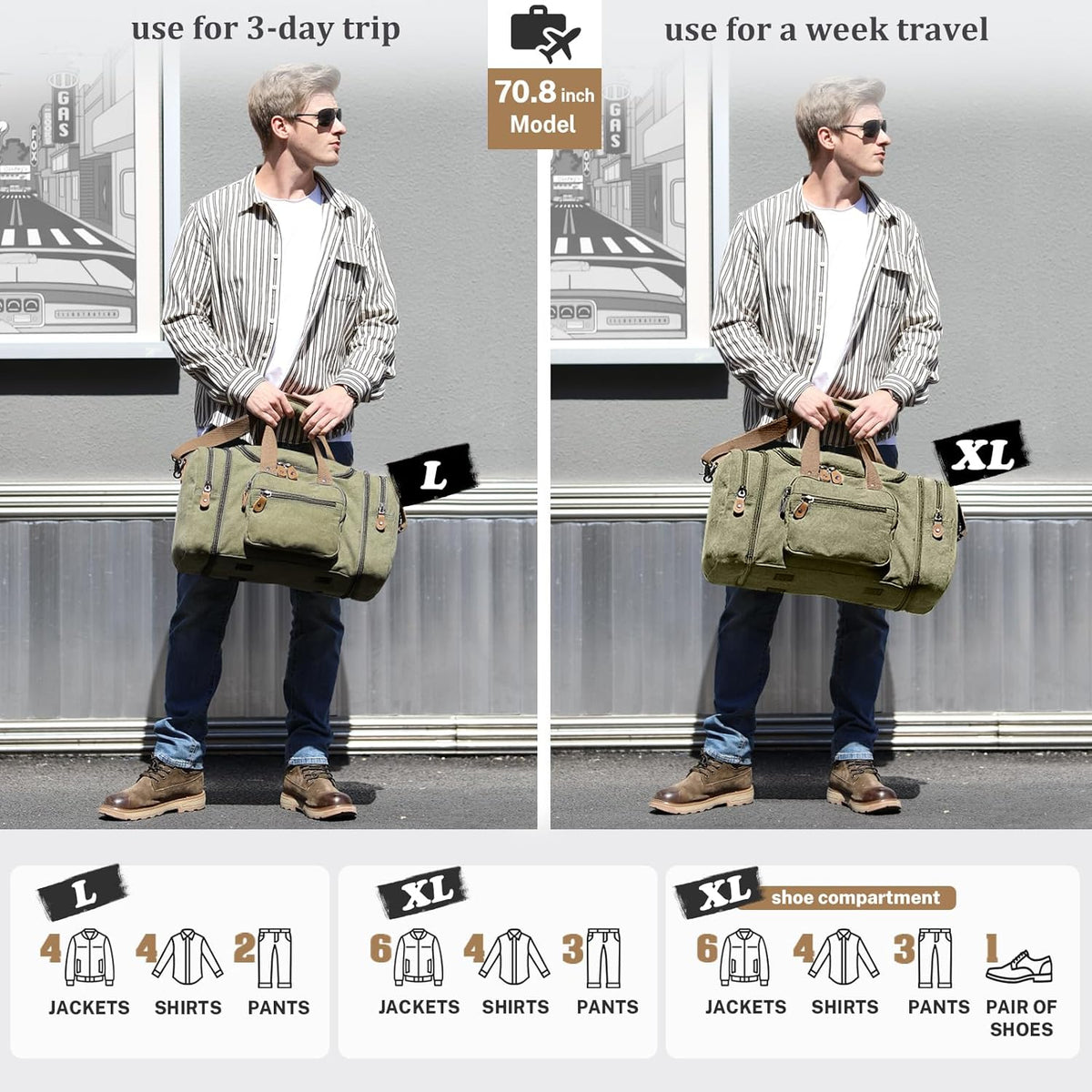 Gonex Canvas Duffle Bag for Travel 60L Duffel Overnight Weekender Bag (Army Green)