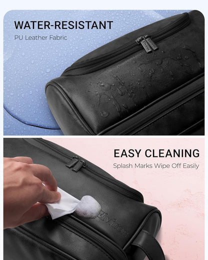 Elviros Toiletry Bag for Mens PU Leather Travel Organizer Kit with Hanging hook, Large Water-resistant Toiletries Bathroom Shaving Bags(Extra Large, Black)