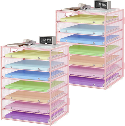 Paper Organizer with Handle Metal Mesh File Sorter Large Capacity Desk Organizers Paper Letter Tray Desktop Document Sorter for Office or Home2 Pack 8 Tier Pink Storage for Desk