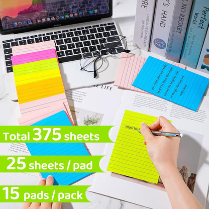 (15 Pads) Lined Sticky Notes 4x6 in Post, 7 Bright Colors with Lines Self-Stick Note Pad it, Strong Adhesive, Big Rectangular Sticky Pads for Office, Home, School, Meeting