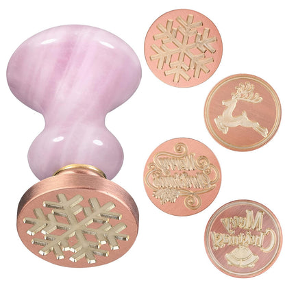 Rockcloud Wax Seal Stamps, 4 Pieces Copper Seals with Rose Quartz Handle, Christmas Theme, Pink