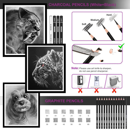 HIFORNY 42 PCS Drawing Set, Sketching Kit with Graphite & Charcoal Pencils, Blending Tools, Erasers & Accessories, Portable Zippered Travel Case for Artists & Beginners